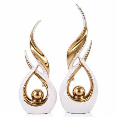 Imagem de 2 peças de estátuas de cerâmica em ouro branco para detalhes de decoração de casa, esculturas de arte abstrata moderna, objetos decorativos de mesa elegantes para sala de jantar, entrada, suporte de