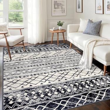 Imagem de KUTA Marrocos, tapete de área 12 x 18 cm, preto, azul marinho, lavável, boêmio, antiderrapante, estampa geométrica, ultramacia, tapete tradicional para casa de fazenda, para sala de jantar, quarto,