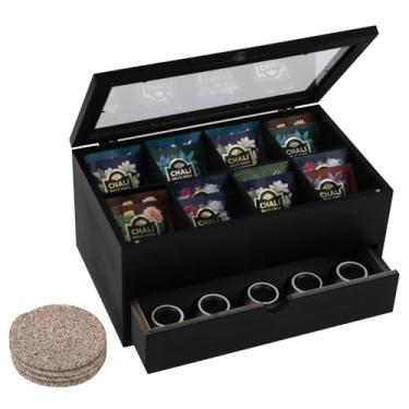 Imagem de Caixa organizadora de saquinhos de chá com gaveta, organizadores de chá com janela de acrílico transparente, caixa de chá de madeira para bancada com 8 compartimentos, suporte para saquinho de chá com