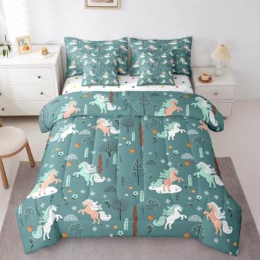 Imagem de Erosebridal Jogo de cama solteiro com edredom com estampa de unicórnio, 7 peças, edredom de fazenda e selva com edredom, lençóis, fronhas e fronhas