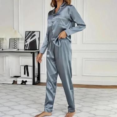 Imagem de Conjunto De Pijama Feminino De Cetim Com Manga Longa, Botões, Gola Lap