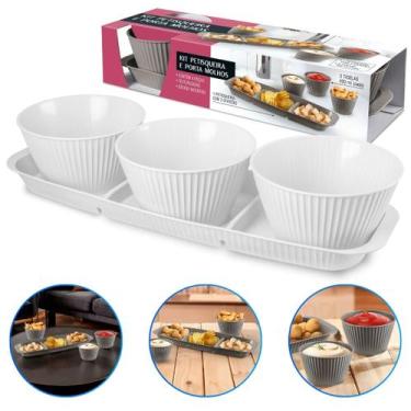 Imagem de Bandeja Retângular Petisqueira Plástico 3 Divisórias e Molheira 400ml 
