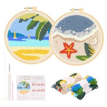 Imagem de Kits de agulhas de perfuração DIY para iniciantes na praia, kit de bordado inclui tecidos de bordado, argolas, fios, ferramentas de rosquear, agulha de perfuração, conjunto de artesanato para