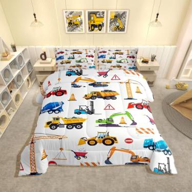 Imagem de Feelyou Conjunto de edredom infantil de veículos de construção, branco, escavadeira, equipamento, caminhões, edredom para decoração de quarto de crianças, meninos, meninas, microfibra, ultramacia e