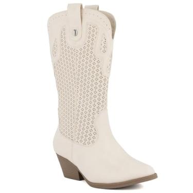 Imagem de Sugar Botas femininas caubói ocidentais – Botas de cano médio com detalhe de costura/design perfurado – bico fino, salto bloco, ajuste sem fecho, Perf-marfim tonal, 35