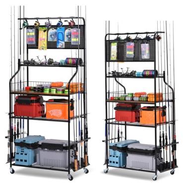 Imagem de Lezbanz Suporte de vara de pesca resistente atualizado para garagem, suportes de vara de pesca para 12 varas com ganchos e pegboard, carrinho de pesca com suporte para carretel, suporte de equipamento