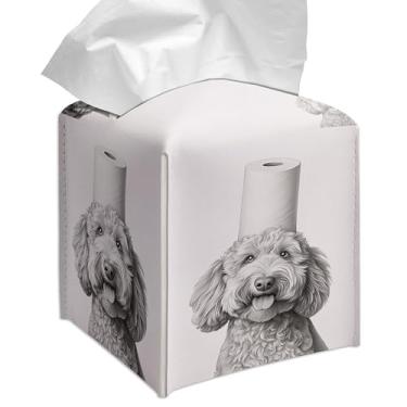 Imagem de Grace Yonks Capa quadrada de caixa de lenços de cachorro Poodle fofa, capa de cubo de papel higiênico para lenços faciais, couro PU de 13,2 cm (064)