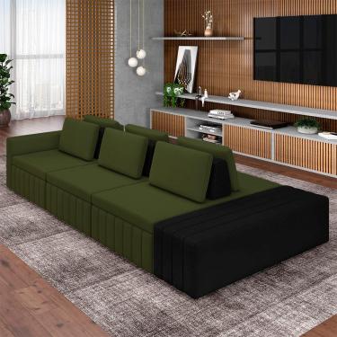 Imagem de Sofá Ilha com Encosto e Almofadas Móveis Olimpo 335cm Modulado Linho/PU Verde/Preto G45 - Gran Belo