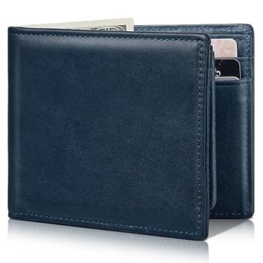 Imagem de Artpaxy Carteira masculina dobrável de couro legítimo com bloqueio RFID, Azul, Clássico