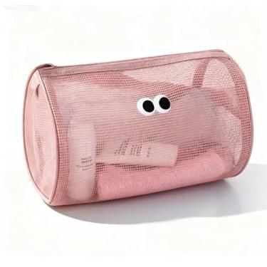 Imagem de Bolsa transversal cilíndrica de malha feminina bolsa de viagem cosmética bolsa de natação para praia organizador de artigos de higiene pessoal, rosa, Cosmetic_case