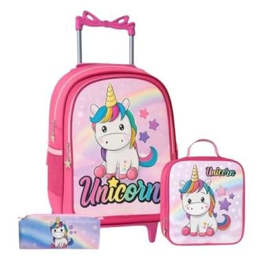 Imagem de Mochila Escolar de Rodinhas Kit Bolsa Infantil Grande e Reforçada Menina 3 Peças