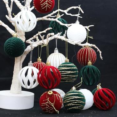 Imagem de Conjunto de 6 peças elegantes de decoração de árvore de Natal flocada em vermelho, verde e branco - Bolas coloridas pintadas de plástico de 6 cm, com textura de veludo e ganchos resistentes, feriados