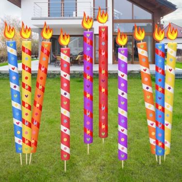 Imagem de Maasechs Pacote com 26 velas de aniversário para decoração de quintal, kits de bricolage ao ar livre, inclui 10 macarrão de espuma, 10 topos de bolo de fogo, 2 rolos de fita adesiva de bambu e 3