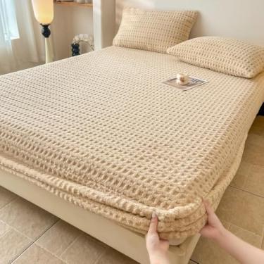 Imagem de Jogo de lençol com elástico waffle de veludo fofo e espesso, adequado para a pele e roupa de cama quente de inverno solteiro/casal/Queen/King Size cáqui||150 x 200 cm/(150 x 199,9 cm)
