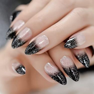 Imagem de Pregos de pressão em glitter preto ombré com design reutilizável kit de cobertura completa de acrílico - unhas postiças para mulheres, cola gelatinosa, lixa