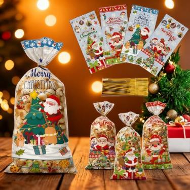 Imagem de 50 peças de sacos de celofane de Natal – Sacos de plástico transparente para biscoitos com laços para lembrancinhas de festa de Natal – Presente de brindes de padaria a granel