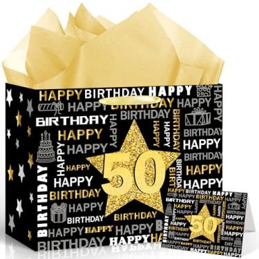 Imagem de Woosytoo Bolsa de presente de aniversário de 50 anos de ouro preto, grande, vintage, para presente de 50 anos, com papel de embrulho e cartão comemorativo para homens e mulheres, decorações de