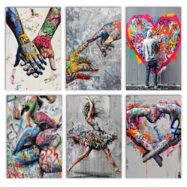 Imagem de Banksy Street Art 6 pacotes de kits de pintura por números para adultos iniciantes, tinta acrílica The Hand of God por número, menina grafítica, menino, kits de pinturas a óleo DIY em tela sem moldura