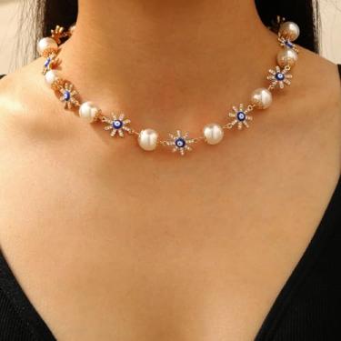 Imagem de Colar de pérolas douradas para mulheres, gargantilha de pérolas, colar de pérolas delicadas, flores douradas, sol, olho turco, colares, Medium, Latão, Sem Pedra Preciosa
