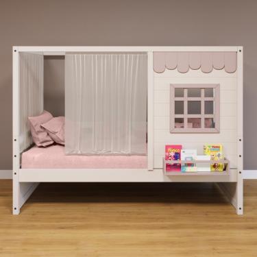 Imagem de Cama Casinha Reta Com Cortina Madeira Maciça Branco- Rosa Housin