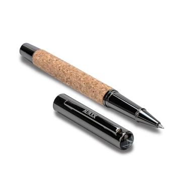 Imagem de Caneta esferográfica de luxo AUREX – Design completo de metal e madeira reciclada, cabo de cortiça, caixa de presente elegante com refil extra – Caneta executiva elegante para escrever