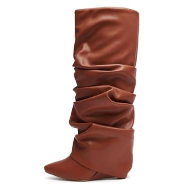Imagem de Yishaweiqi Botas femininas dobradas franzidas despojadas com salto cunha de couro envernizado, cano alto, bico fino, botas casuais, Bronzeado, 37