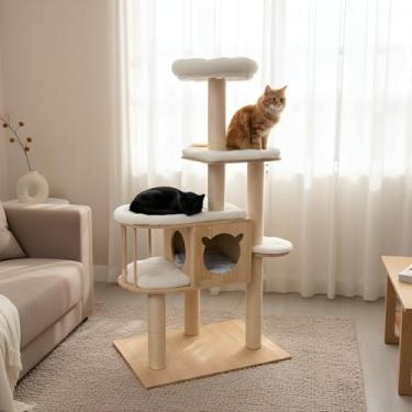 Imagem de MRKHO Torre de árvore de gato de 140 cm, madeira natural moderna com almofadas de pelúcia, condomínio de vários níveis com caverna, postes para arranhar, branca
