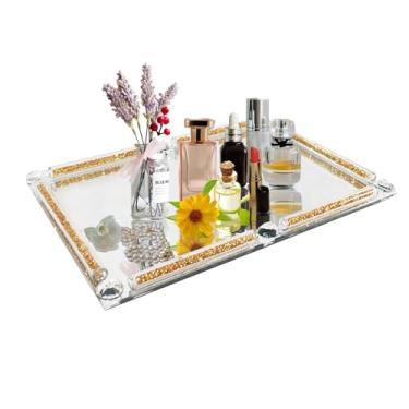 Imagem de Bandeja de vidro dourado, 30 cm x 20 cm, bandeja decorativa de perfume cosmético de vidro cristal para linda cômoda, organizador de joias nobres com diamante para decoração de casa, festa de banquete