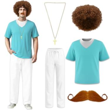 Imagem de Luzcexs Camiseta masculina de manga curta azul claro com peruca, bigode e colar de cruz para festa cosplay, Azul, G