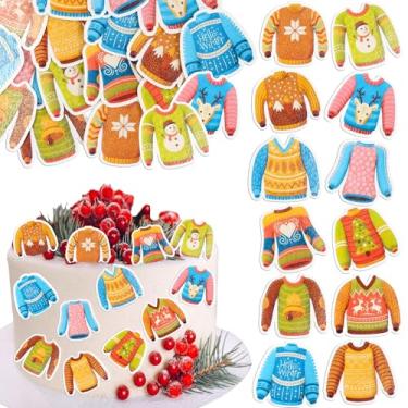 Imagem de Ephlyn 48Pcs Edible Merry Christmas Cupcake Toppers Wafer Paper Ugly Sweater Cupcake Picks for Celebrating Xmas Theme New Year Holiday Party Decorations Red Green Blue