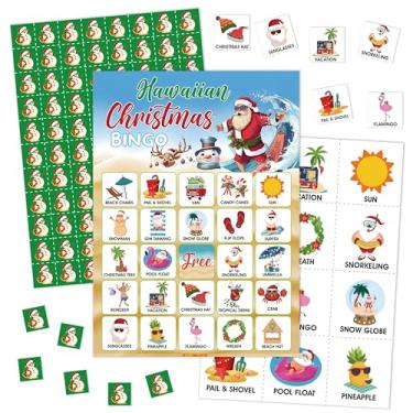 Imagem de Jogos de bingo havaianos de Natal para adultos, cartões de bingo de Papai Noel na praia para julho, Natal, decorações tropicais de luau, suprimentos de lembrancinhas de festa na piscina na praia de