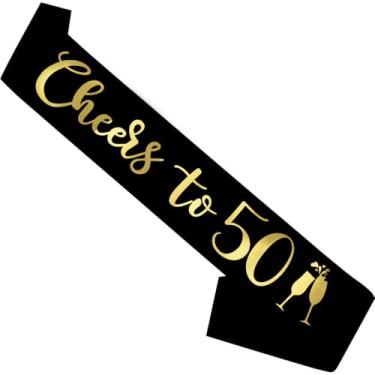 Imagem de Faixa de aniversário preta, faixa de aniversário "Cheers To 50" para meninas, mulheres e homens com letras douradas para lembrancinhas de festa engraçadas, suprimentos 50 preto dourado