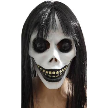 Imagem de Máscara facial de cicatriz de látex Scary Skull com cabelo preto para mulheres