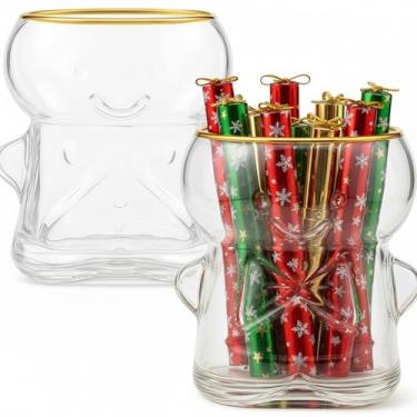 Imagem de Singhoow 2 peças de copos de vidro de homem de gengibre de Natal suco de leite copos transparentes copo para o Natal com borda dourada design fofo menino menina para festas de Natal (homem pão de