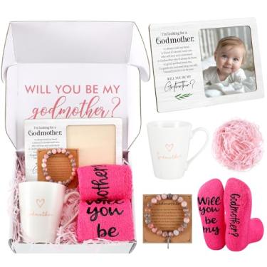 Imagem de Potchen Conjunto de 6 peças de presente de pedido de madrinha Will You Be My Godmother from God Child inclui moldura de foto, caneca de café, pulseira de cruz com meias de cartão, presentes para Natal