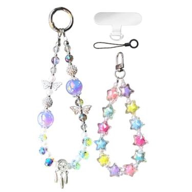Imagem de GO-VOLMON 2 peças de pulseira de telefone com contas de cristal cintilante, berloques de telefone fofos cordão de borboleta estética chaveiro feminino pulseira com glitter adorável corrente brilhante