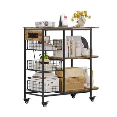 Imagem de LINZINAR Prateleira para padeiros de cozinha com tomada elétrica, mesa de café, 3 camadas, suporte de forno de micro-ondas com rodas, cesta de arame removível, prateleira de armazenamento de cozinha