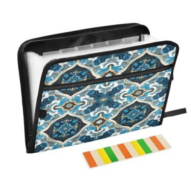 Imagem de Wassud Azulejo ornamentado azul (4) 13 bolsos organizador de arquivos sanfonado pastas de arquivos expansíveis com abas e adesivos, organizador de pastas de documentos de recibo de papel tamanho carta