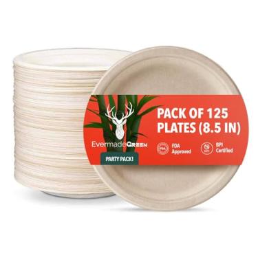 Imagem de Pratos de papel descartáveis Evermade Green Heavy Duty 21,6 cm - Conjunto de 125 | Compostável | Feito de bagaço de cana | Pratos de jantar biodegradáveis | Louça rústica para Natal, casamento, festa
