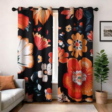Imagem de XWZO Cortinas blecaute floral boho para quarto, estampa botânica de meados do século, cortina preta vintage com estampa floral, 203 cm de comprimento, 2 painéis para sala de estar, ilhós, decoração