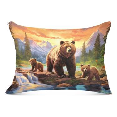 Imagem de Capa de almofada decorativa com zíper paisagem ursos pardos padrão queen king size decoração de casa fronhas de cama, tamanho padrão, 51 x 66 cm