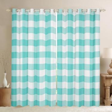 Imagem de Erosebridal Cortinas xadrez azul aqua branco azul cortinas blecaute xadrez 30-50% tratamentos de janela quadriculada geométrica estética funky búfalo cortina cortinas 2 painéis, 42 x 63 polegadas