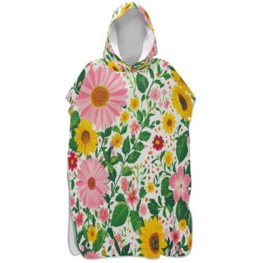 Imagem de Joisal Roupão de mudança de poncho de surfe para toalha de natação com capuz bonito absorvente feminino ponchos com capuz floral jardim rosa branco