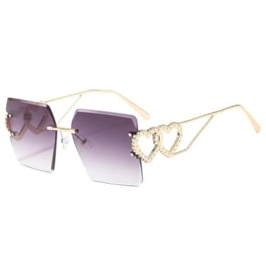 Imagem de HCPIHF Óculos de sol retrô sem aro feminino e masculino com decoração em metal e lentes UV400 (cinza degradê dourado)