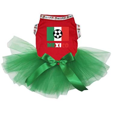 Imagem de Petitebella Vestido de cachorro tutu verde petróleo bandeira do México camiseta vermelha (XGG, vermelho)
