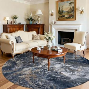 Imagem de Luxcrest Tapete redondo grande de 1,8 m: tapetes redondos para sala de estar, sala de jantar, entrada e quarto - tapete circular antiderrapante macio - mármore abstrato moderno azul e dourado