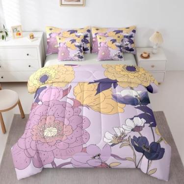 Imagem de Erosebridal Jogo de cama floral roxo em uma bolsa, 7 peças, boêmio, flores botânicas, retrô, estética, folha, planta, lençol Queen Morden abstrato com edredom