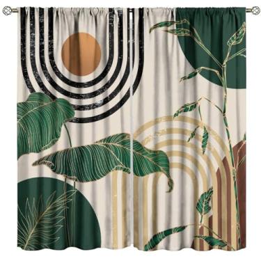 Imagem de FAOTELY Cortinas abstratas de meados do século verde retrô boho tropical palmeira sol arco impressão moderna cortinas de janela para quarto sala de estar cozinha café (L50 x C 114 cm) x 2 decoração