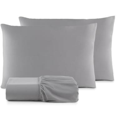 Imagem de Jogo de Cama Casal 4 Peças Micropercal 200 Fios Toque Aveludado com Elástico e Fronhas(Cinza,Casal)