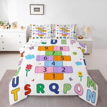 Imagem de jejeloiu Conjunto de edredom alfabeto ABC para todas as estações, conjunto de cama com 1 fronha, microfibra educacional colorida, roupa de cama de solteiro, para decoração de quarto, edredom
